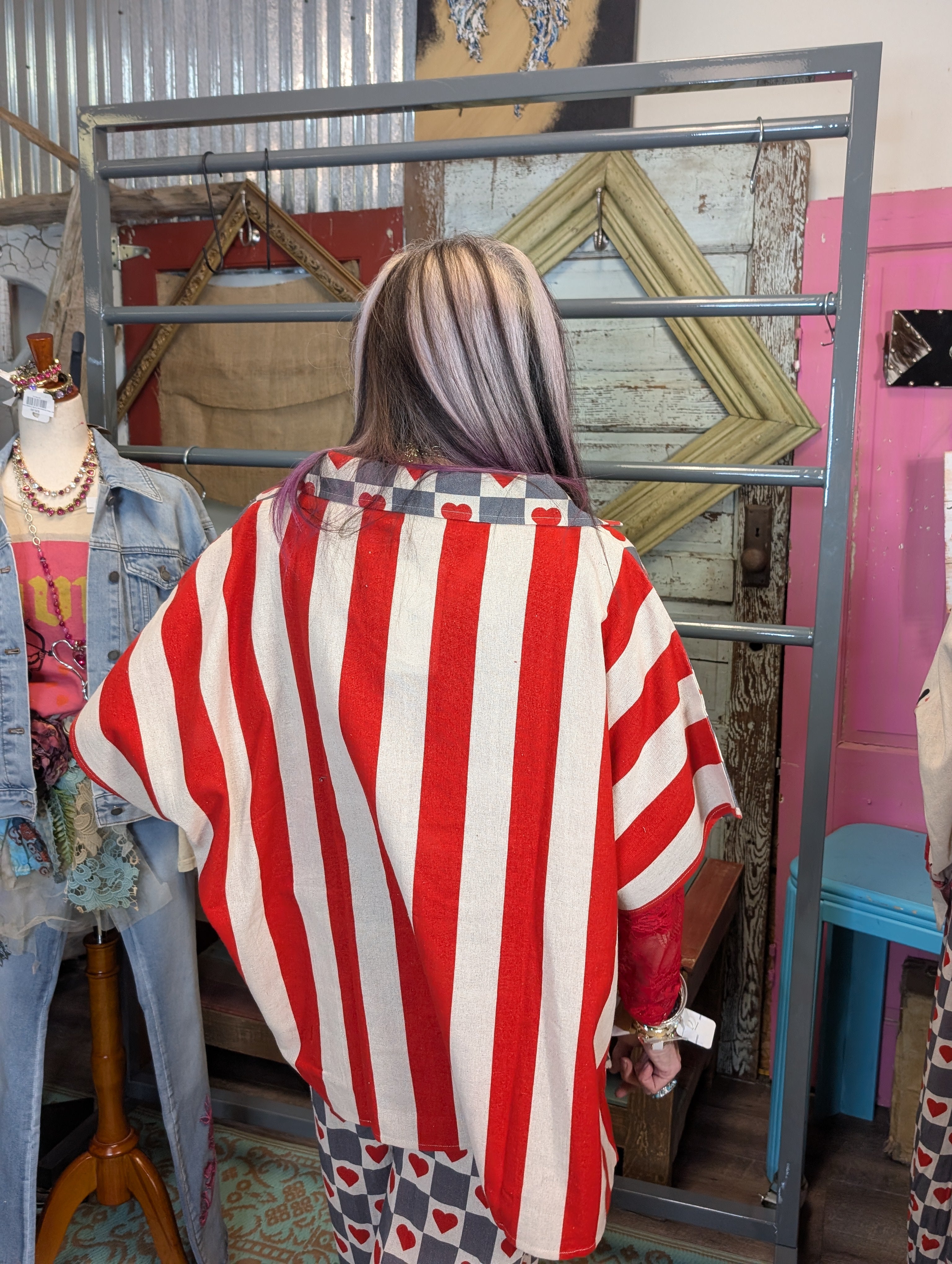 I Love Linen Checkered Heart with Red Stripe Collared Top