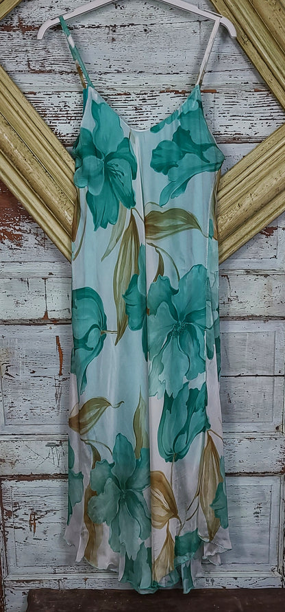 Turquoise Hibiscus Rose Print MIdi Silk Spaghetti Strap Round He Dress