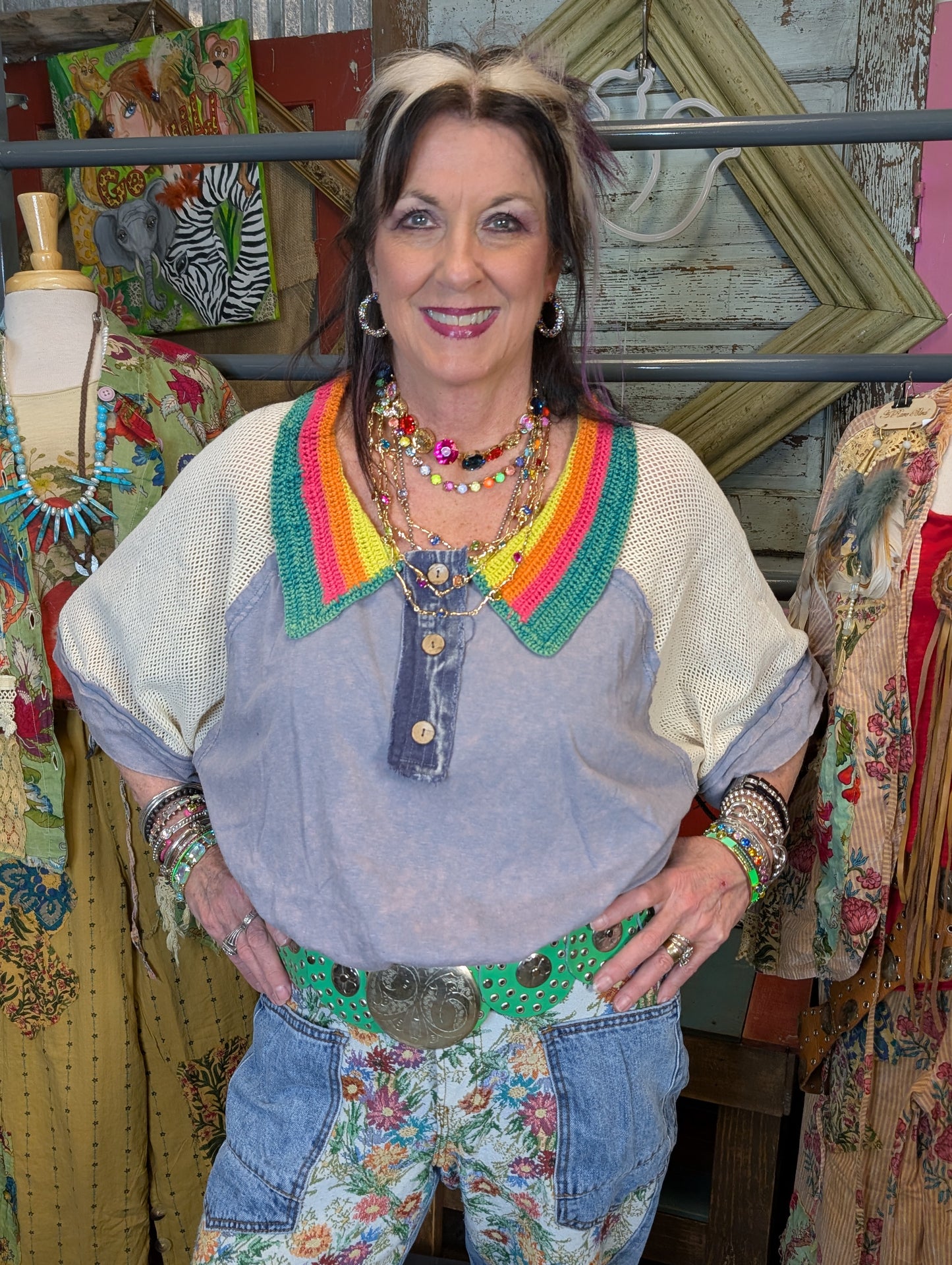 Oli & Hali Washed Crochet Collared Top