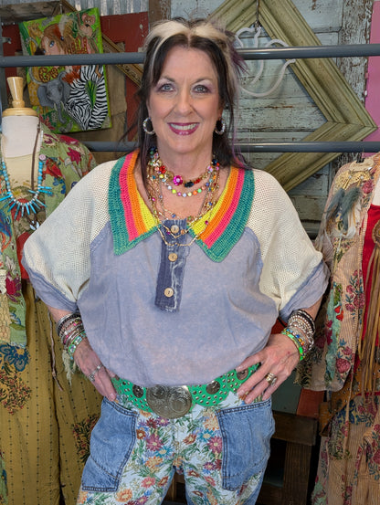 Oli & Hali Washed Crochet Collared Top