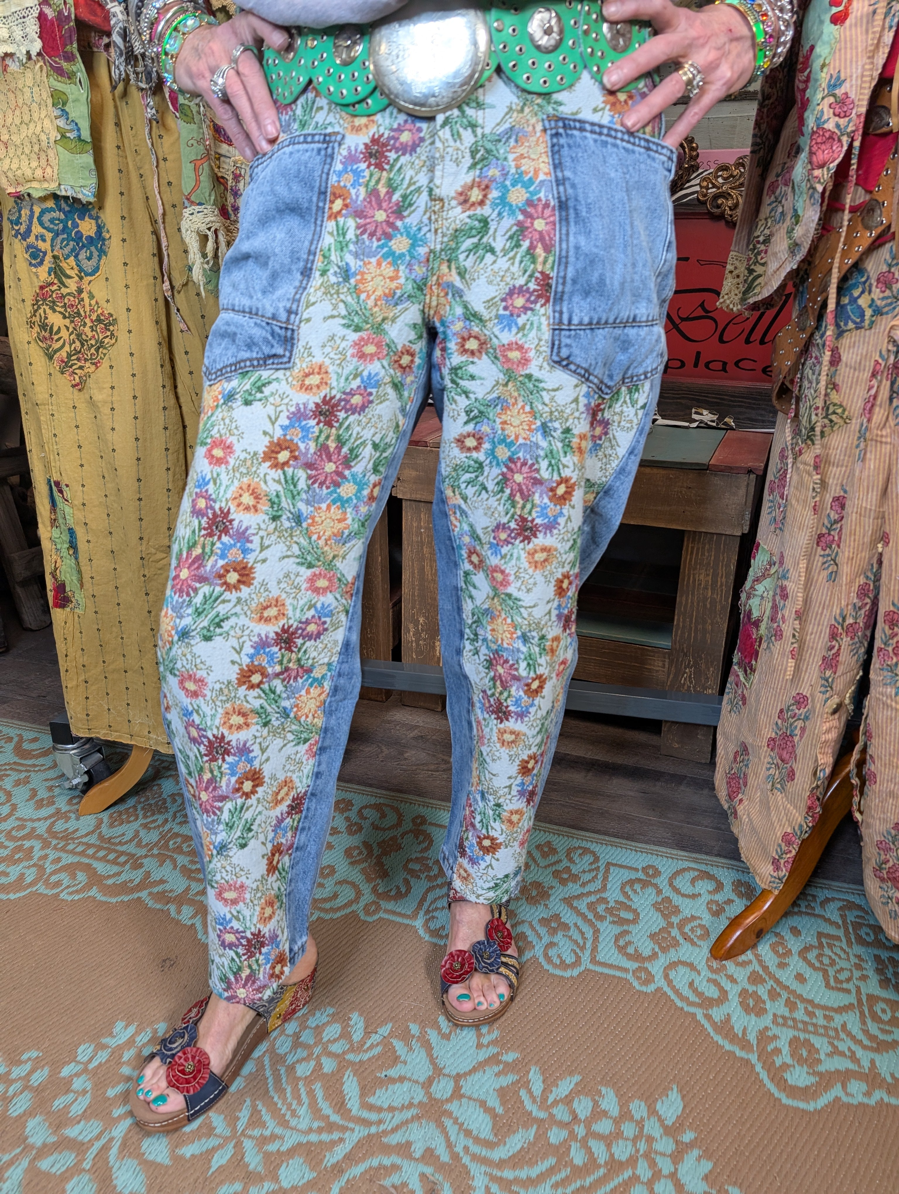 Oli & Hali Floral Jacquard Barrel Denim Pants