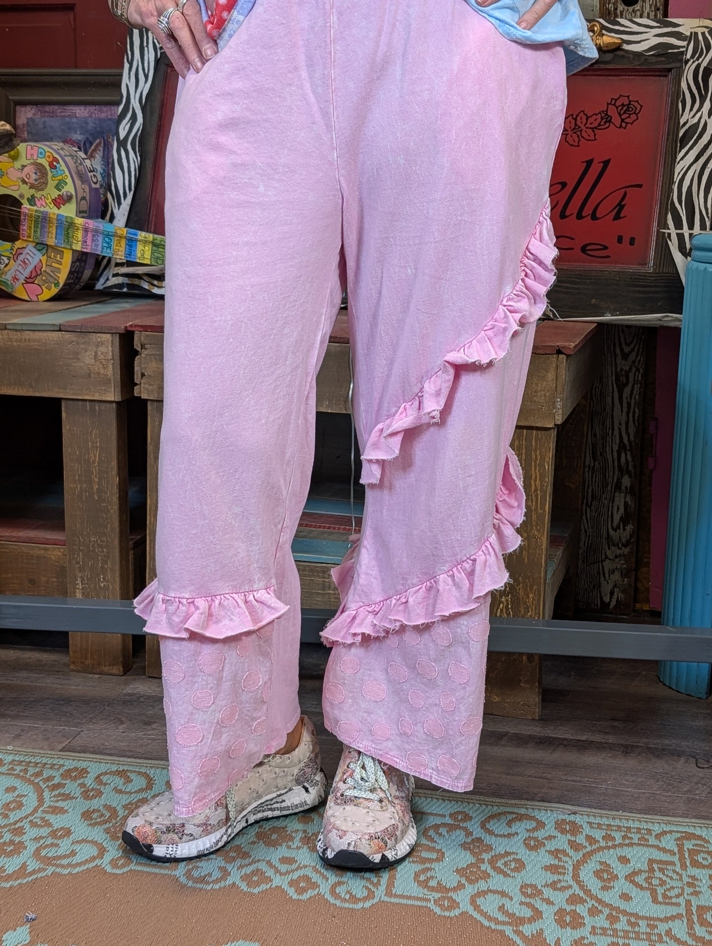 Jher Mineral Washed Boho Polkadot Ruffle Pants