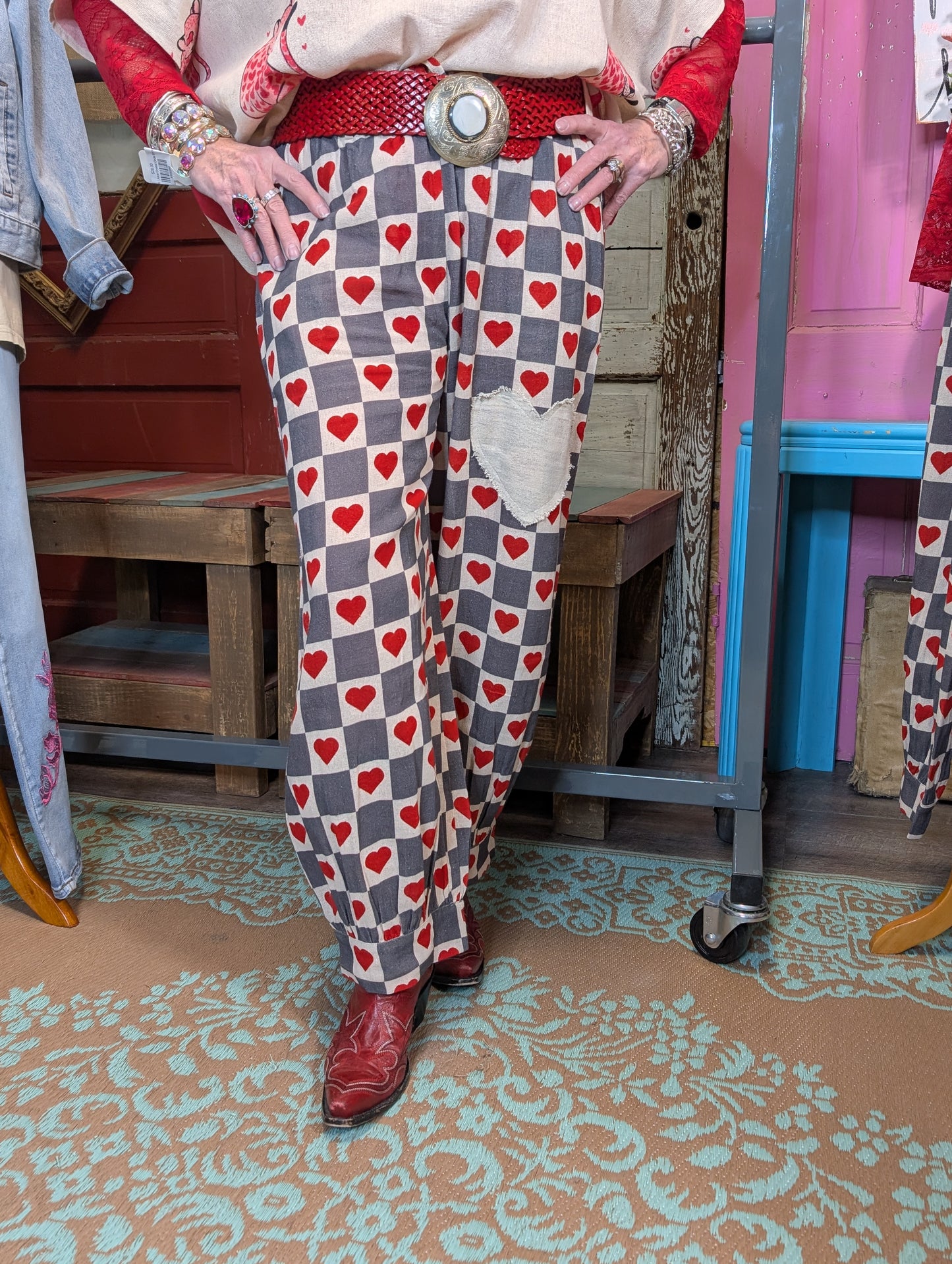 I Love Linen Heart Checkered Pants