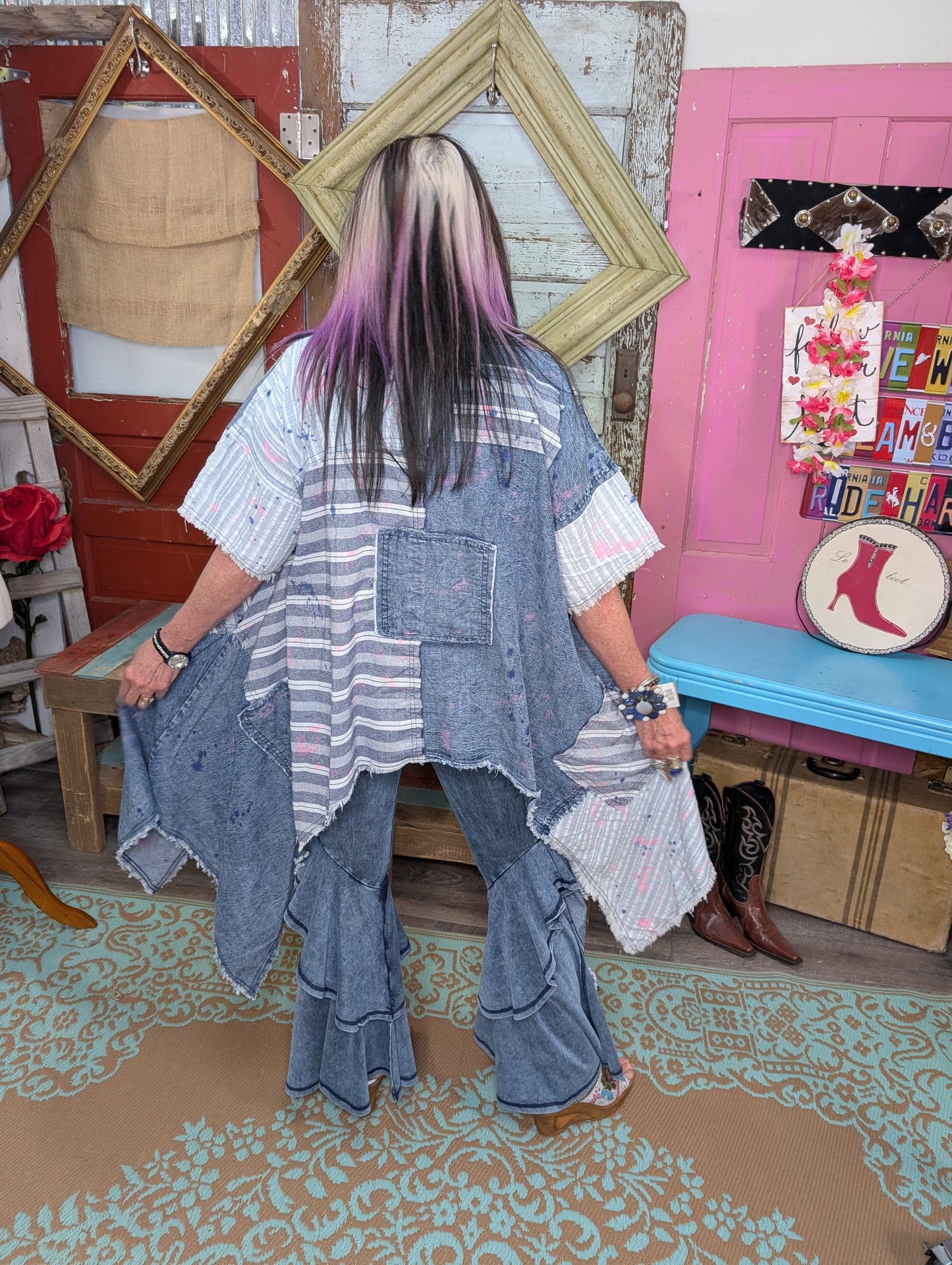 Oli and Hali WASHED PAINT DROP DENIM PATCH FABRIC MIXED TOP