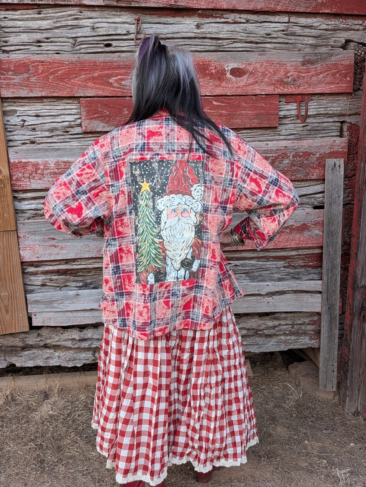 Scarlet Belle red and white gingham maxi skirt with white lace hem, styled with a Santa flannel; skirt only