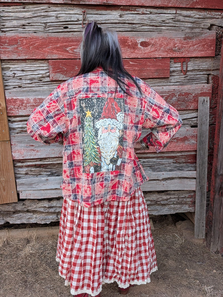 Scarlet Belle red and white gingham maxi skirt with white lace hem, styled with a Santa flannel; skirt only