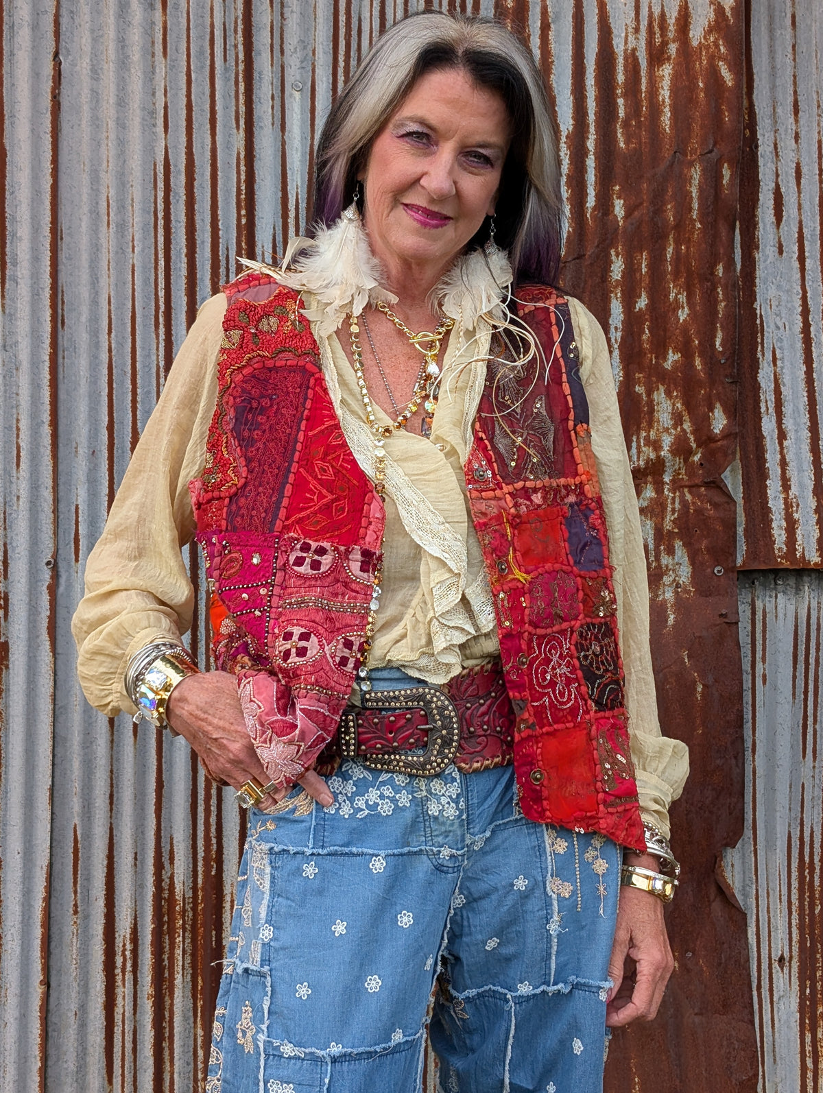Scarlet Caravan Patchwork Vest — Felecia Bella by paper lace, front view showing red and pink patchwork with embroidered and sparkling details.