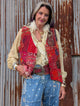 Scarlet Caravan Patchwork Vest — Felecia Bella by paper lace, front view showing red and pink patchwork with embroidered and sparkling details.