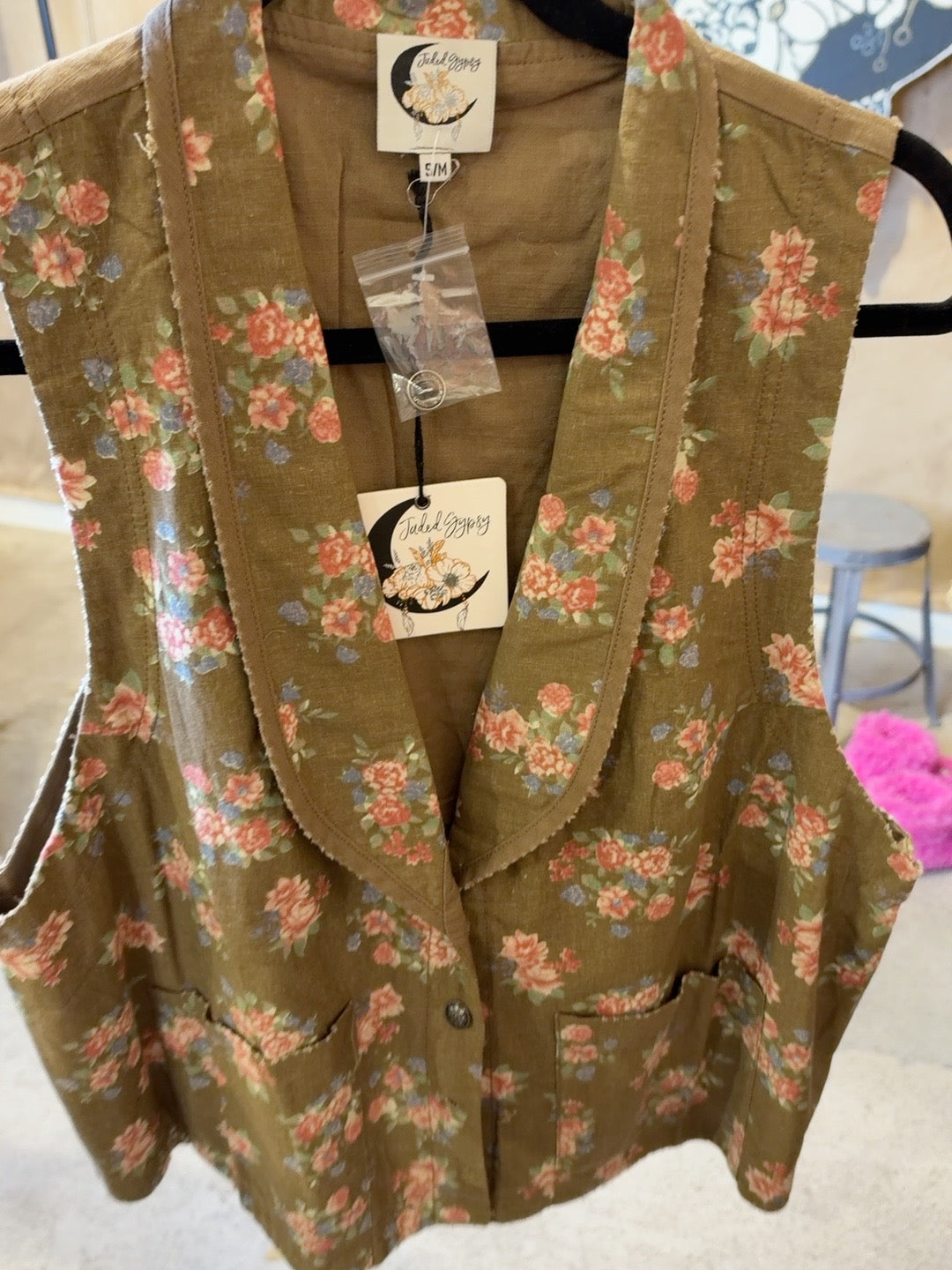 Jaded Gypsy Spellbound Vest in Chocolate Floral with shawl collar and front patch pockets