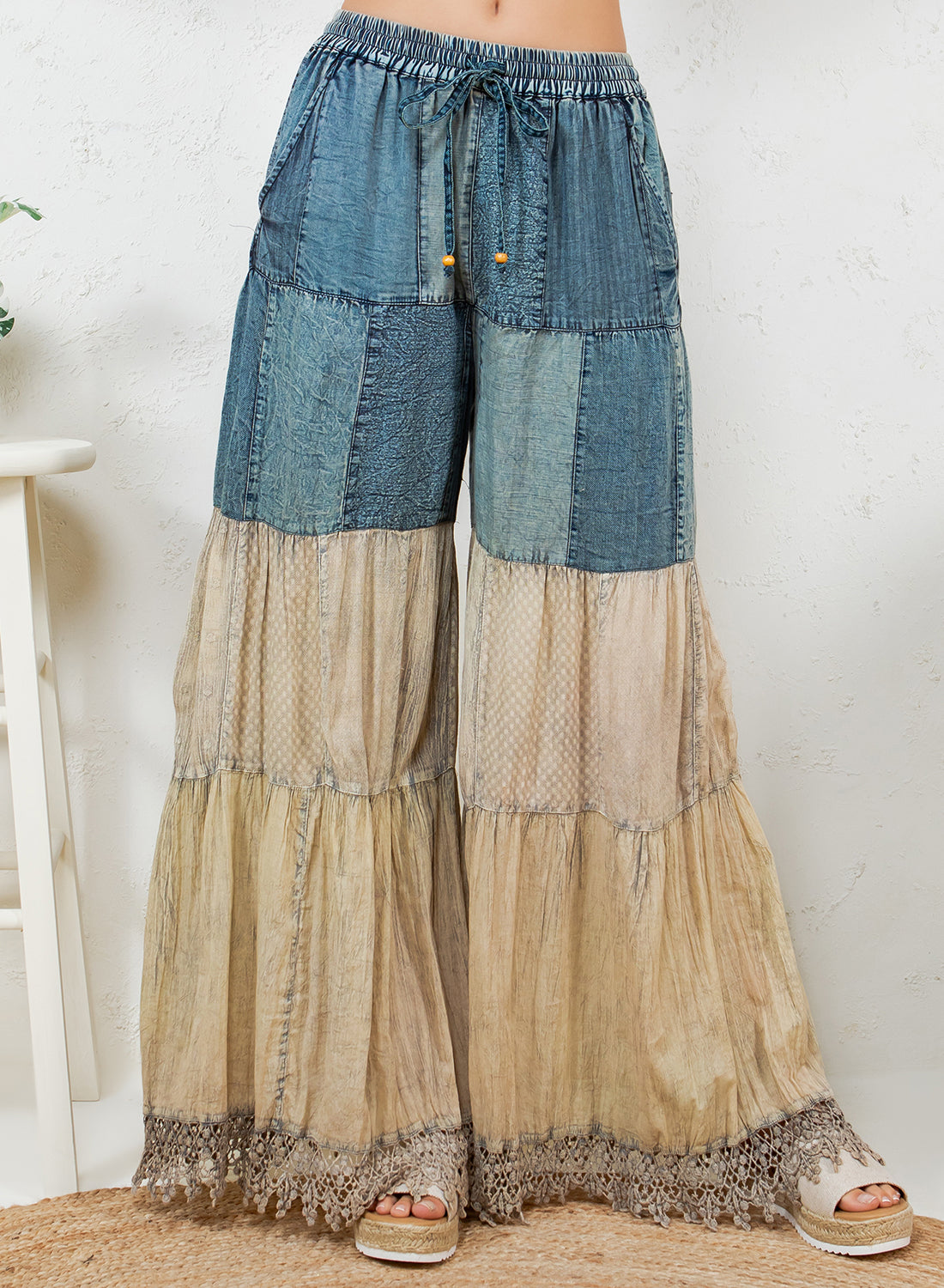 BOHO CHIC: TIERED PATCH INSERTED LATTE DENIM PANTS