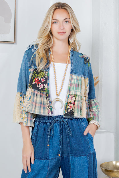 BOHO CHIC: TIERED PATCHWORK DENIM CROPPED SHRUG