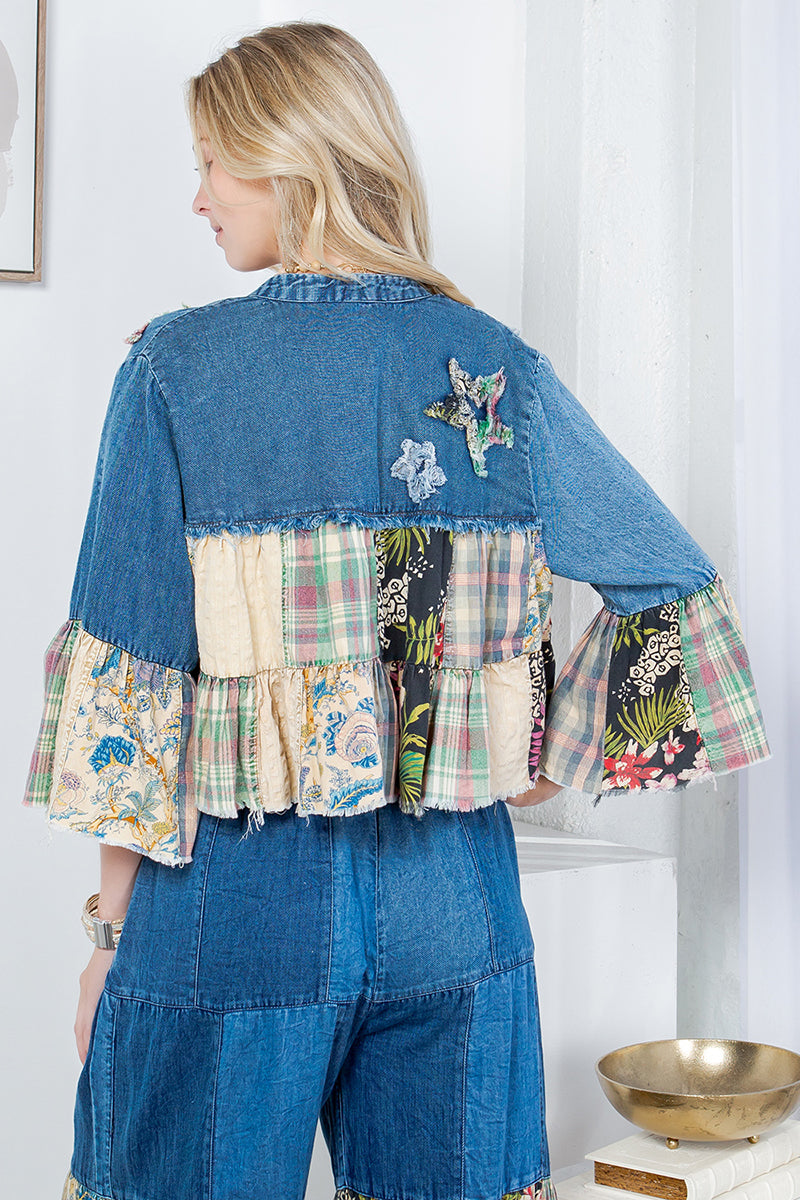 BOHO CHIC: TIERED PATCHWORK DENIM CROPPED SHRUG
