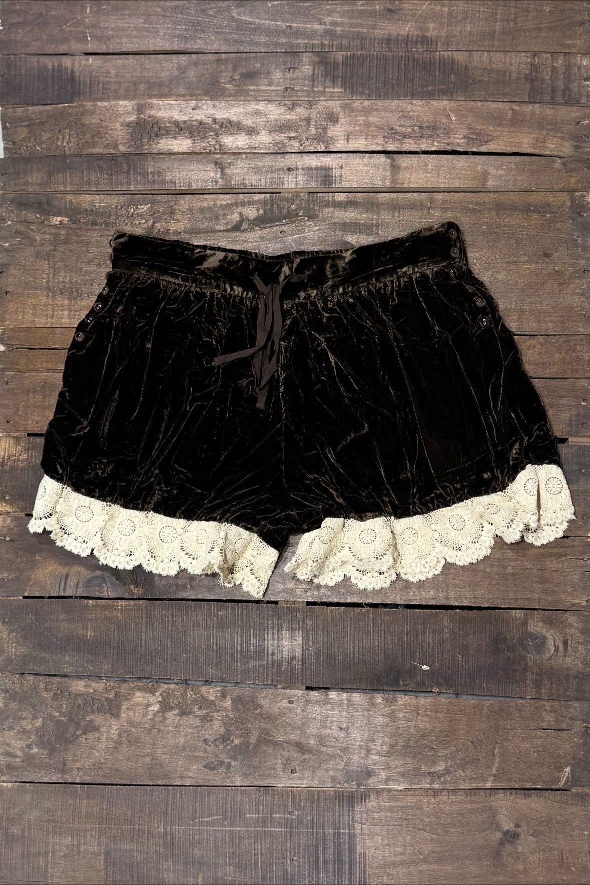 Jaded Gypsy Vintage Romance Shorts in Chocolate with cream lace hem