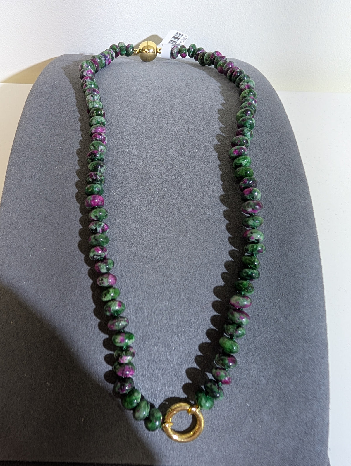 Wafa Garden Mosaic Beaded Necklace — green and pink mottled beads with gold-tone front loop