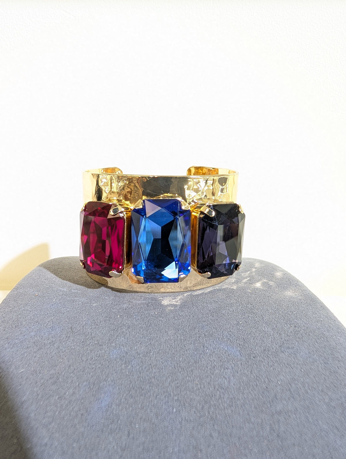 Wafa wide gold-tone cuff with pink, blue, and purple rectangular faceted accents
