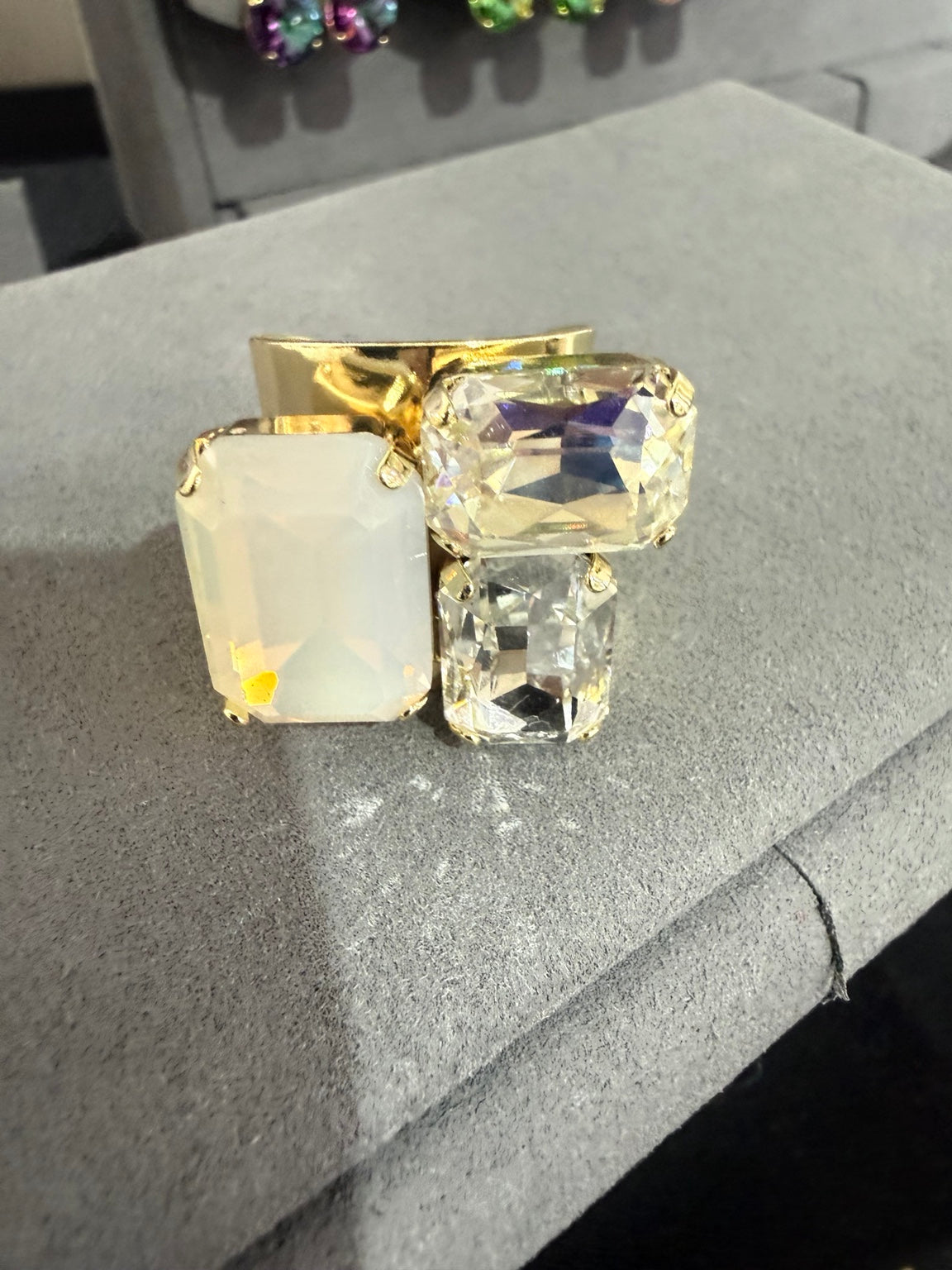 Wafa Moonlit Muse Crystal Ring — opalescent white, iridescent and clear crystals in a gold-tone setting