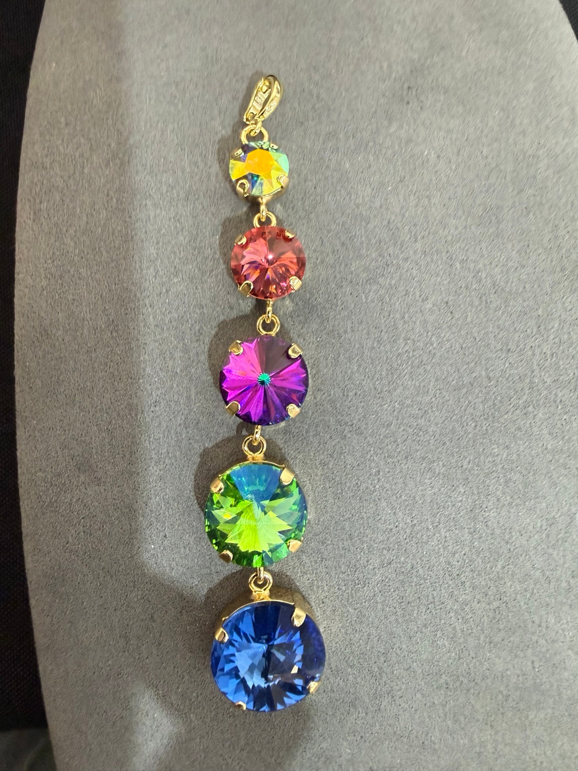 Five round multicolor crystals in gold-tone settings on Wafa Rainbow Cascade Lariat