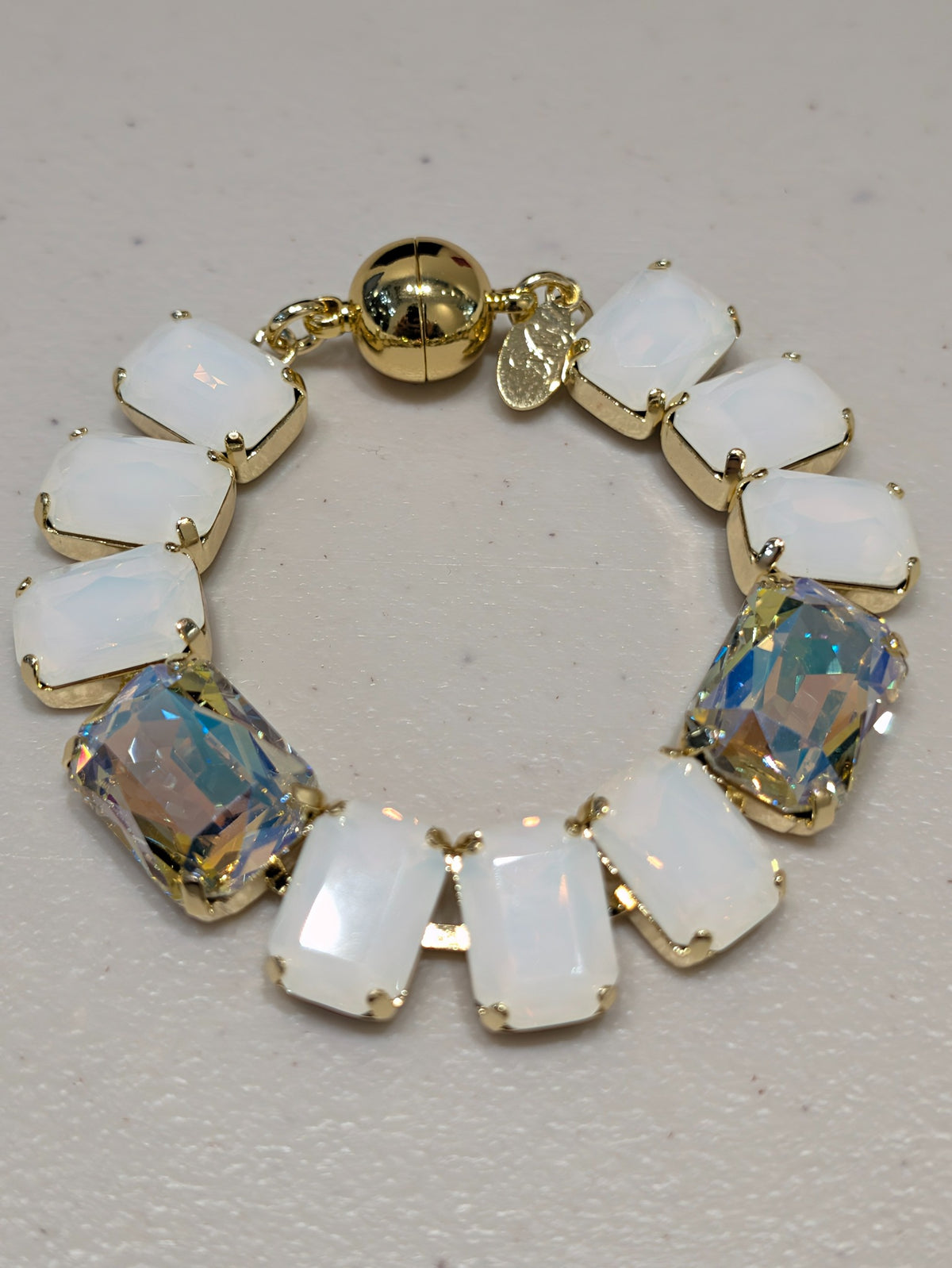 Wafa Regal Rhythm Crystal Bracelet — White Opal / Iridescent / Gold Tone