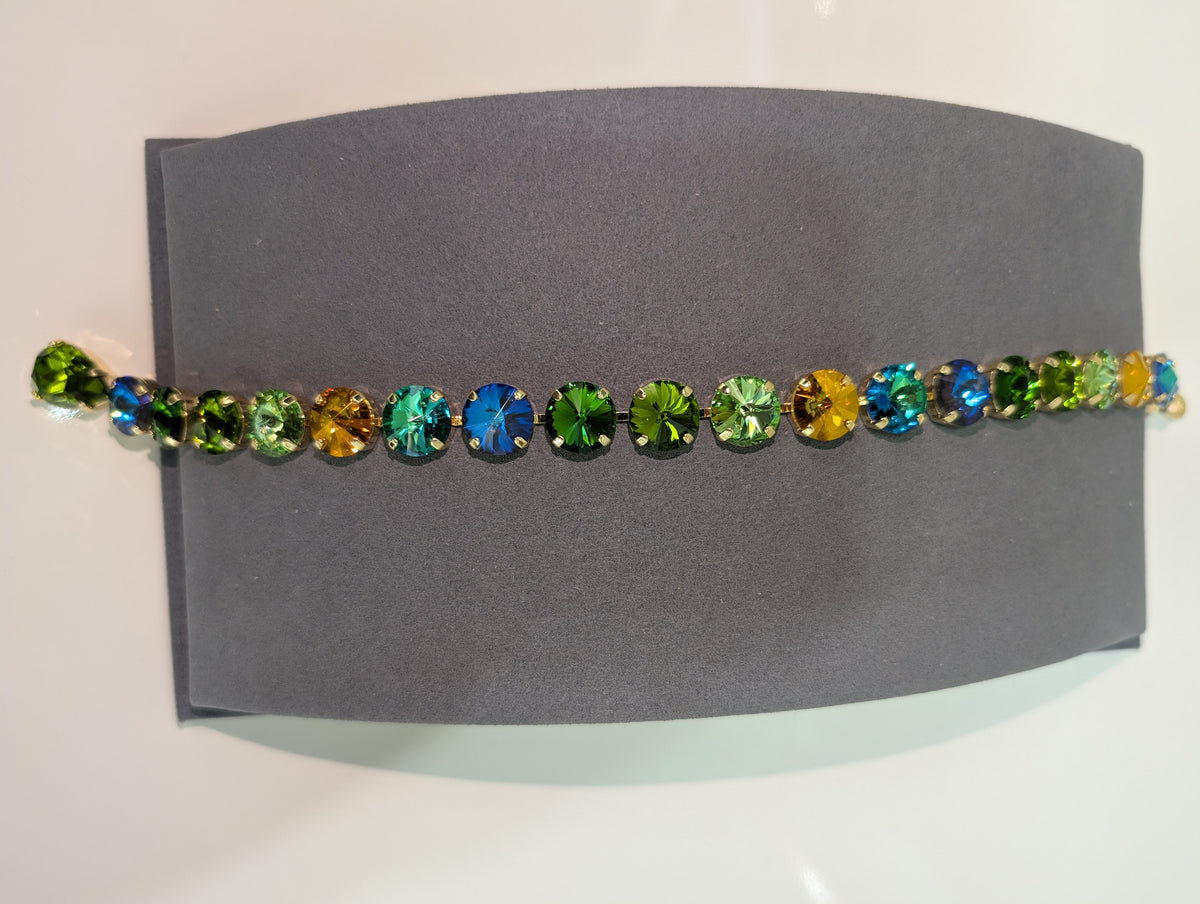 Wafa round faceted strand with teardrop accent — Green/Blue/Gold Mix