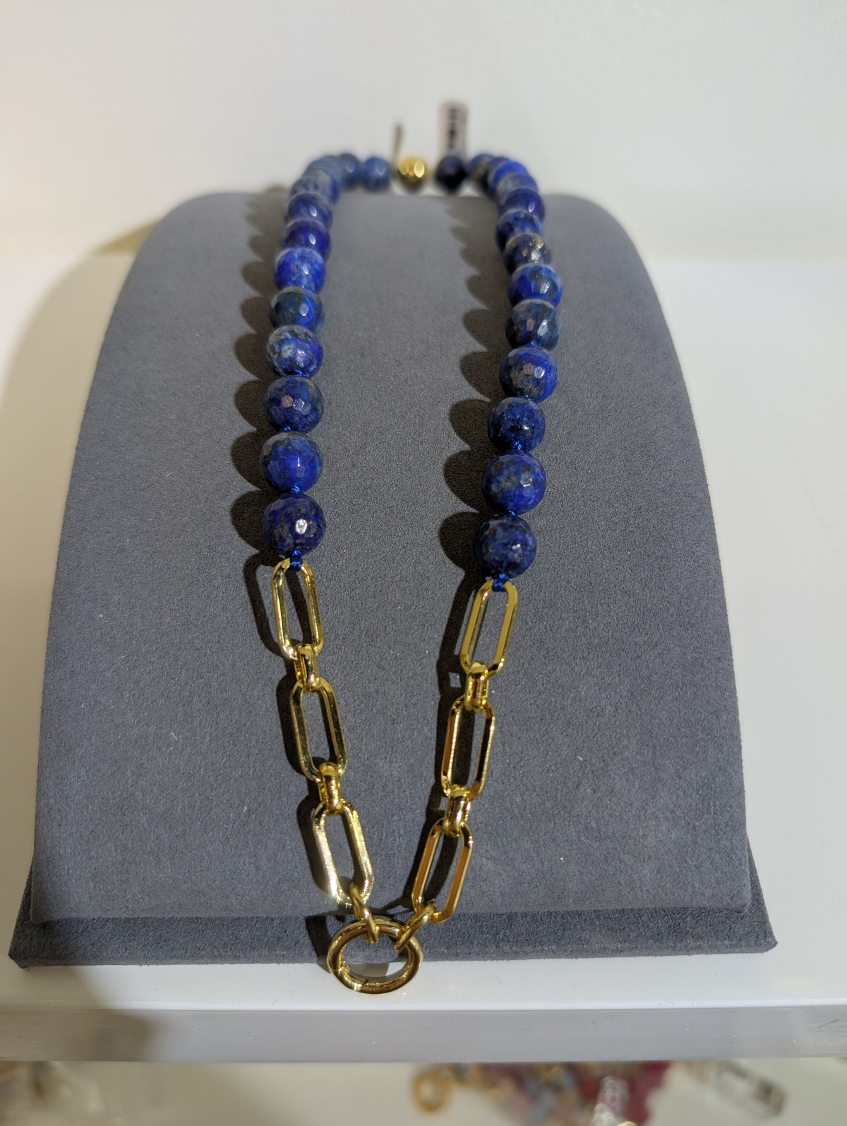 Wafa Royal Blue Link Necklace — faceted blue beads, gold-tone rectangular links and circular front loop
