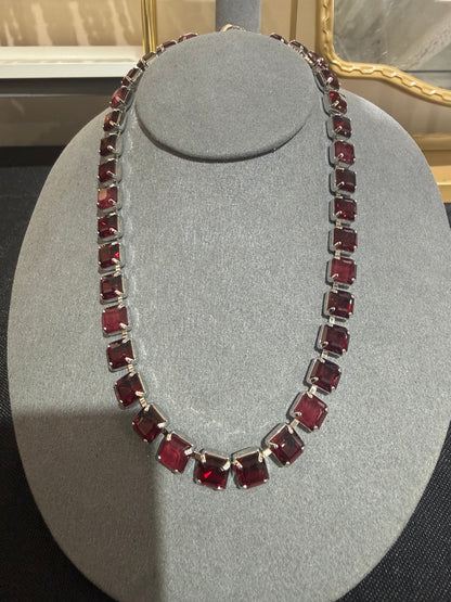 Wafa Silver Serenade Crystal Necklace — Mixed Red Tones