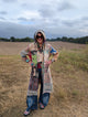 Wandering Soul Kantha Duster — Felecia Bella by paper lace, long colorful patchwork layer shown from the front with jeans and accessories.
