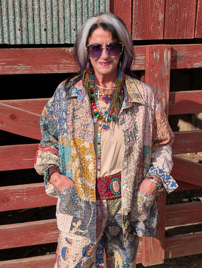 Wandering Soul Kantha Jacket by Felecia Bella by paper lace, front view of colorful patchwork, collar, buttons and patch pockets.