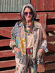 Wandering Soul Kantha Jacket by Felecia Bella by paper lace, front view of colorful patchwork, collar, buttons and patch pockets.