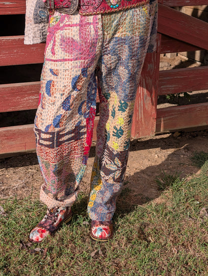 Wandering Soul Kantha Pants — Felecia Bella by paper lace, front view showing colorful patchwork and stitched texture. Belt and shoes are styling accessories.