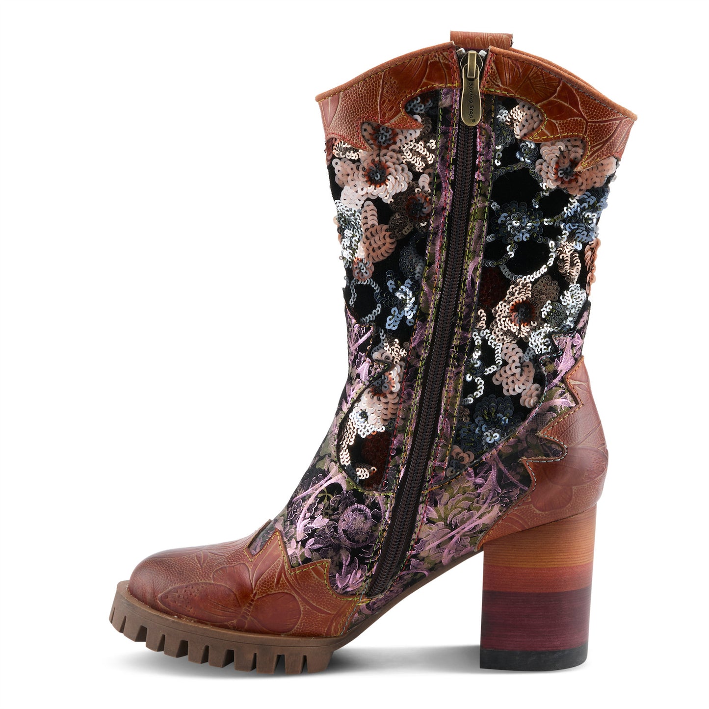 L'Artiste Myohmy sequin floral boot side view showing ombré heel