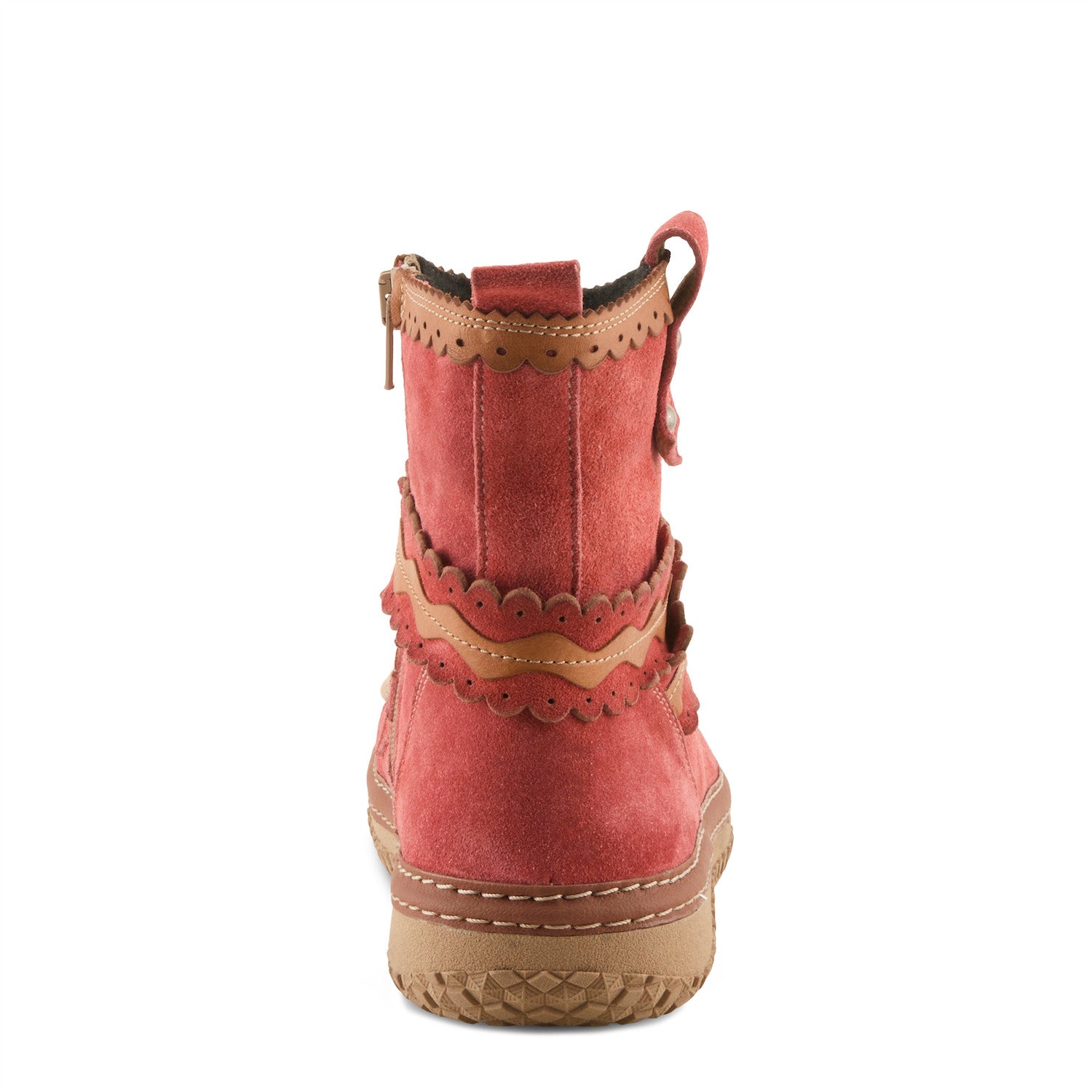 L'Artiste Coyotedawn moccasin boot back view showing zipper and scallop detail