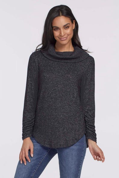COWL NECK KNIT TOP WITH LONG SHIRRED SLEEVES