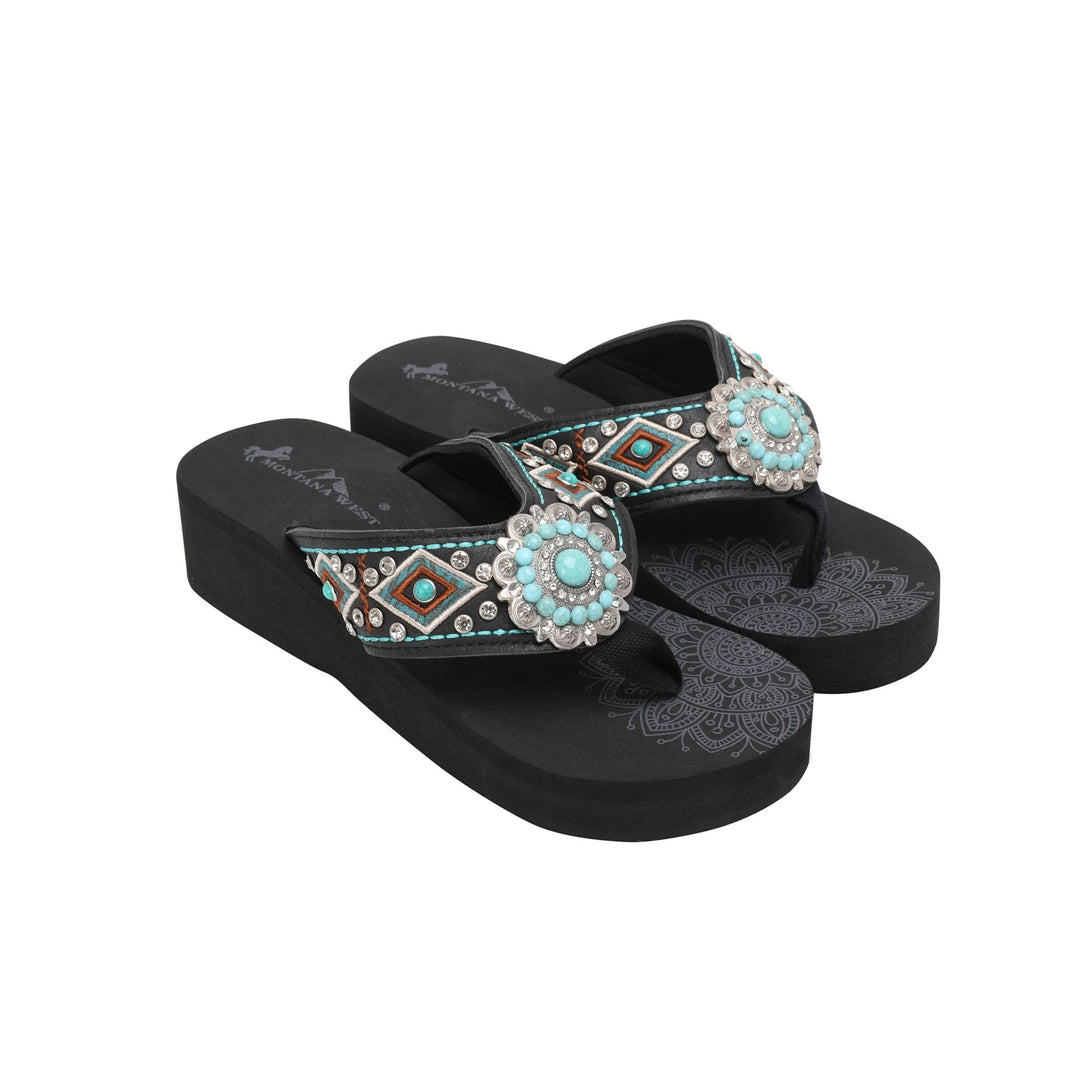 Turquoise Stone Concho Embroidered Wedge Western Flip-Flop