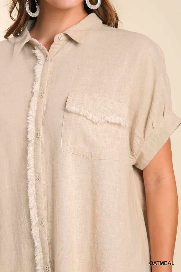 Linen Blend Button Up Collared Shirt Dress